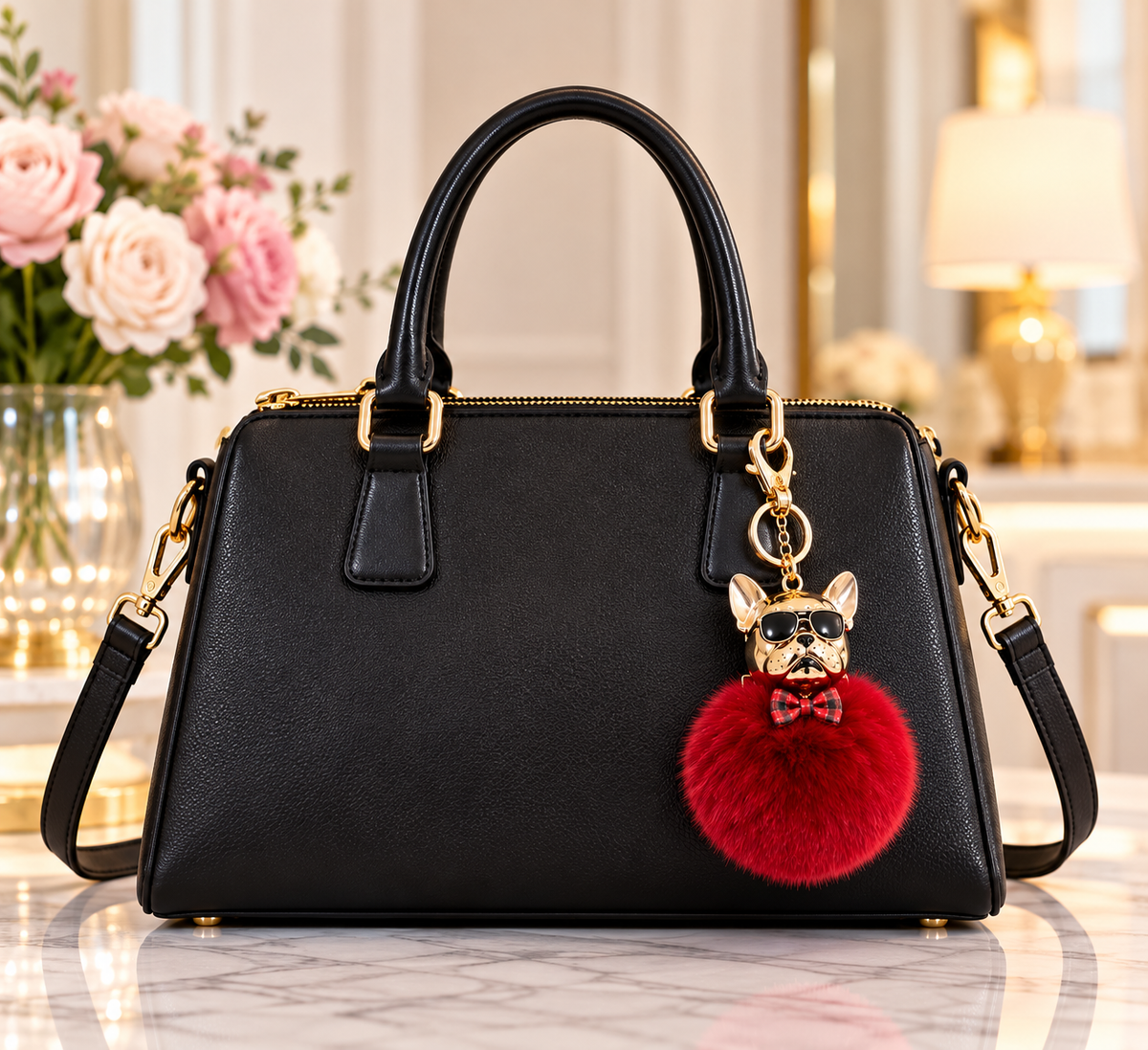 Bulldog Pom-Pom Handbag Charm
