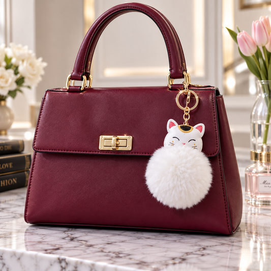 Lucky Cat Pom-Pom Handbag Charm
